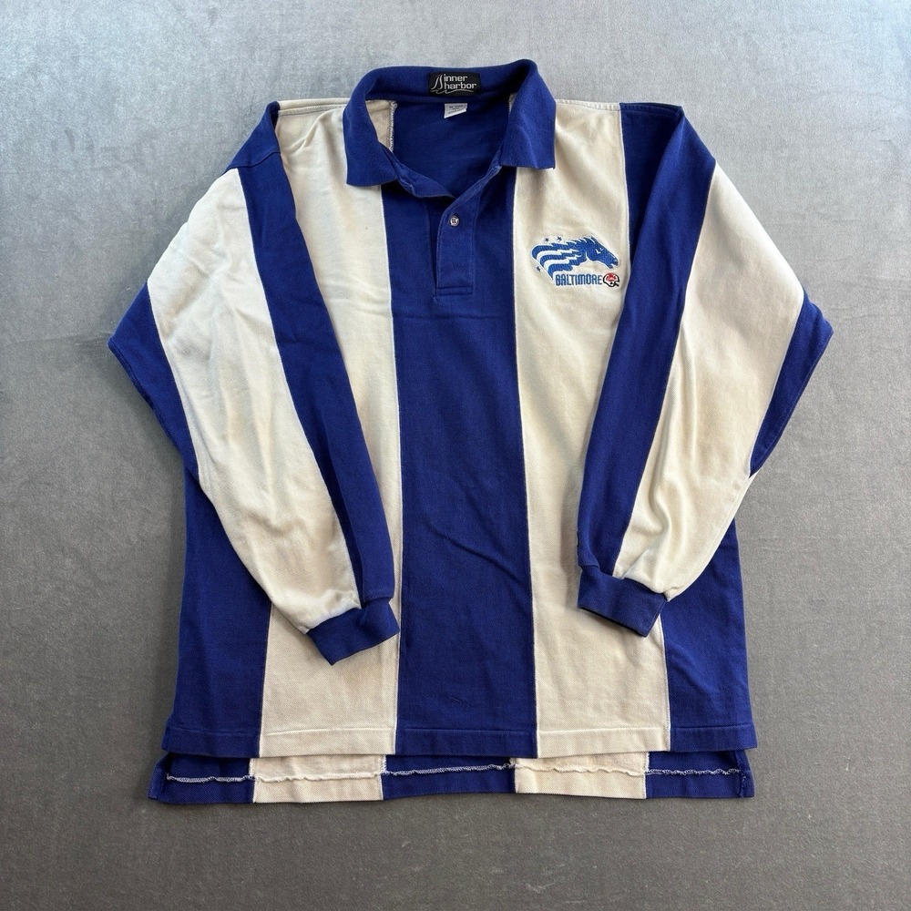 VTG Baltimore Rugby Polo Shirt Blue White Striped Long Sleeve Men's Large